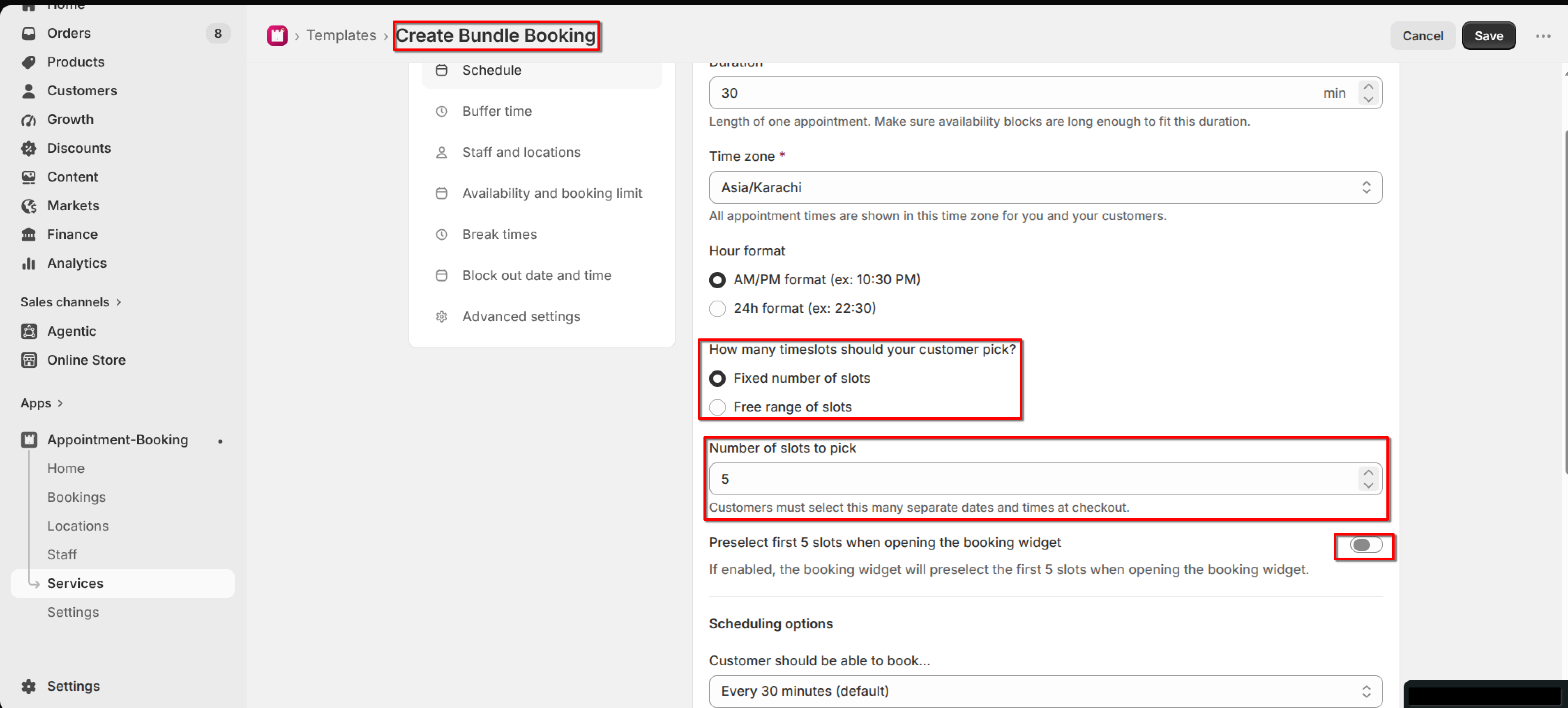 Schedule tab for a Bundle Booking service with "How many timeslots should your customer pick?" and "Number of slots to pick" fields highlighted